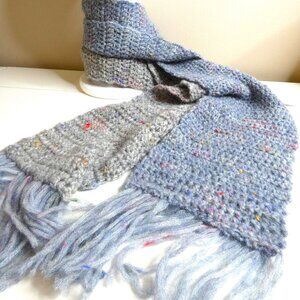 Gray & Blue Alpaca Wool Scarf Warm Soft 90"x6.5" Handmade Crochet Hand Knit NWT